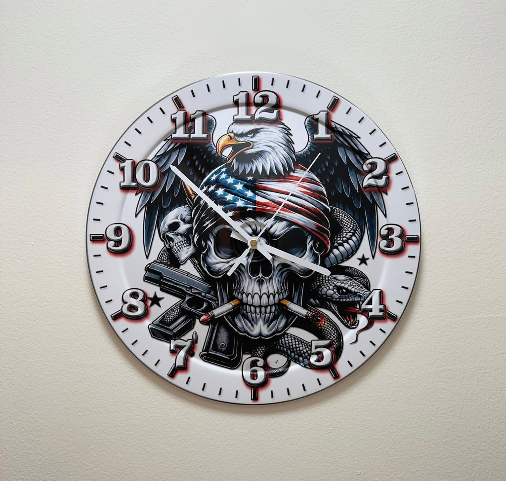 Wall Clock Silent Quartz America, Eagle, Skull Home Decor Wall Clock Office