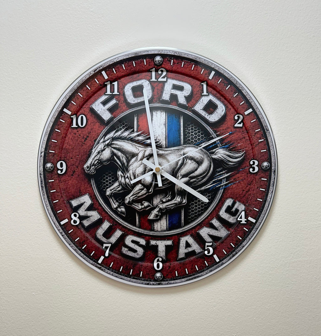 Wall Clock Silent Quartz Classic Muscle Car Ford Mustang Horse Home Decor Garage, Office