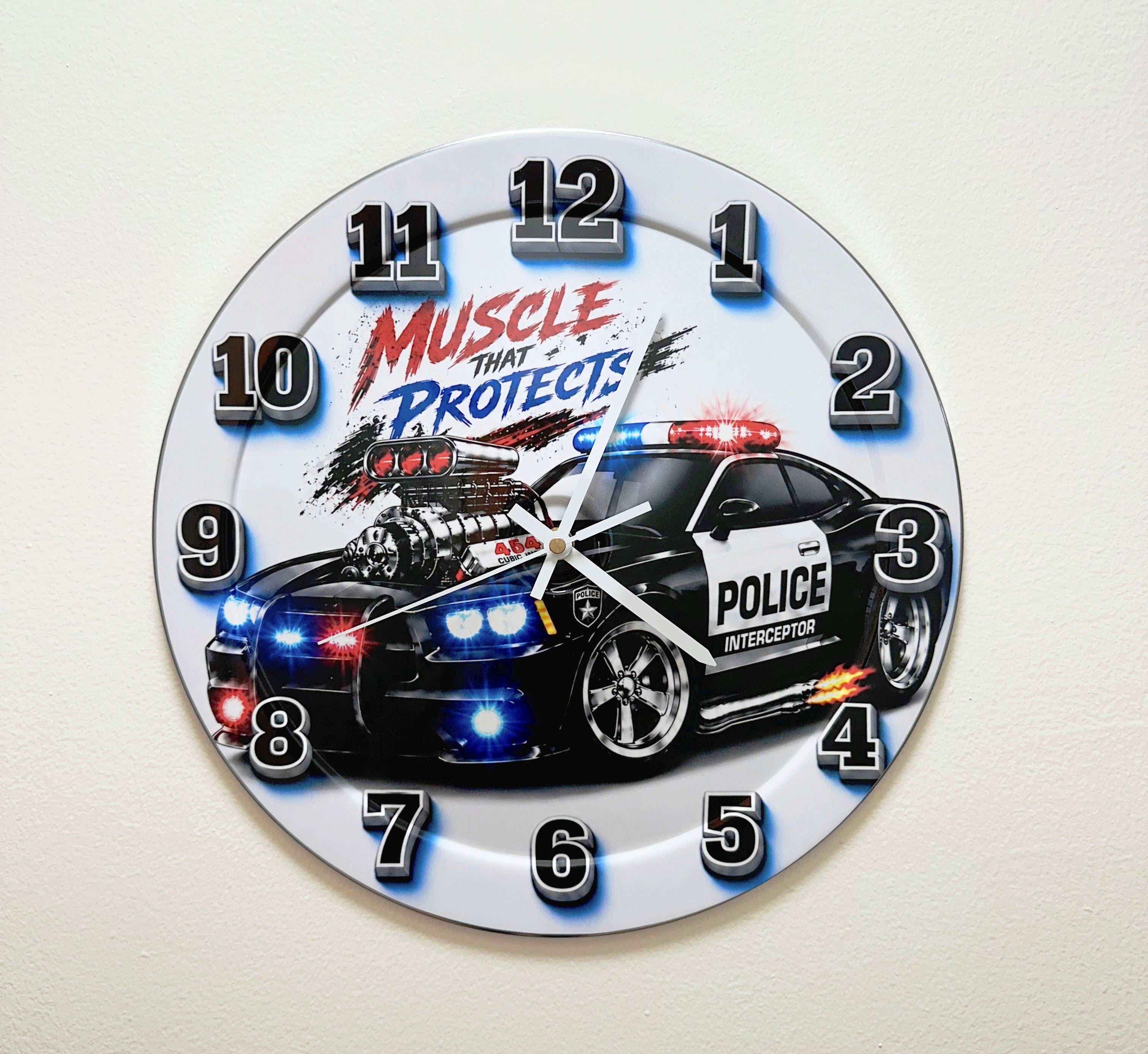 Wall Clock Silent Quartz Police Classic Muscle Car Home Decor Garage, Kitchen, Office