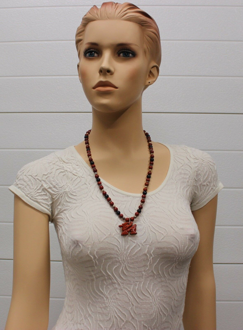 Gem Stone Necklace With Red Jasper & Onyx Chinese Zodiac Dragon Pendant  24"