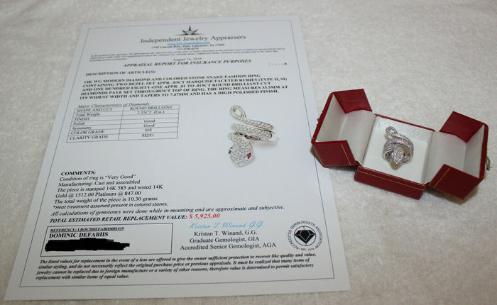 14K Diamond & Ruby Stone Snake Ring